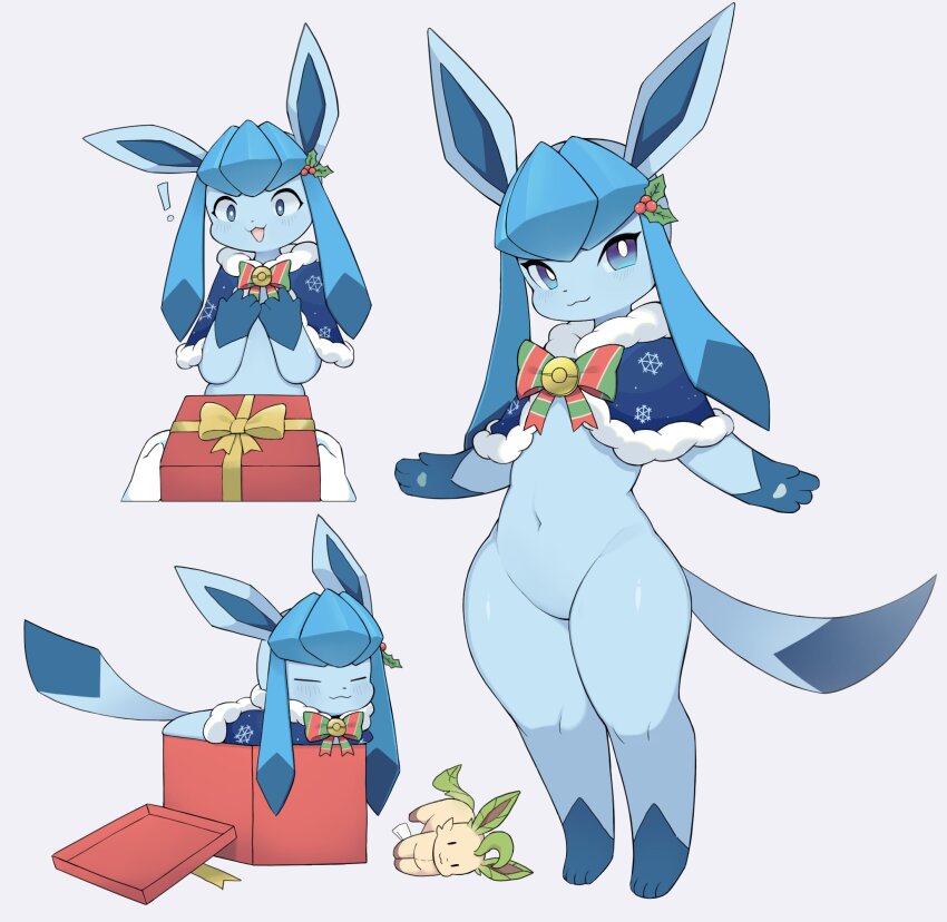 !, blue_eyes, blue_skin, bow, box, character_doll, christmas, closed_eyes, clothed_pokemon, colored_extremities, colored_skin, doll, furry, gen_4_pokemon, gift, gift_box, glaceon, glaceon_(holiday), green_bow, hair_ornament, highres, holly_hair_ornament, leafeon, liteee, looking_at_viewer, multiple_views, navel, nintendo, open_mouth, pear-shaped_figure, pokemon, pokemon_(creature), pokemon_go, red_bow, simple_background, striped_bow, stuffed_animal, stuffed_toy, tail, white_background