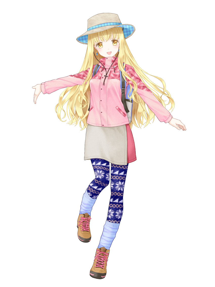 1girl, :d, backpack, bag, blonde_hair, blue_pantyhose, blue_socks, brown_footwear