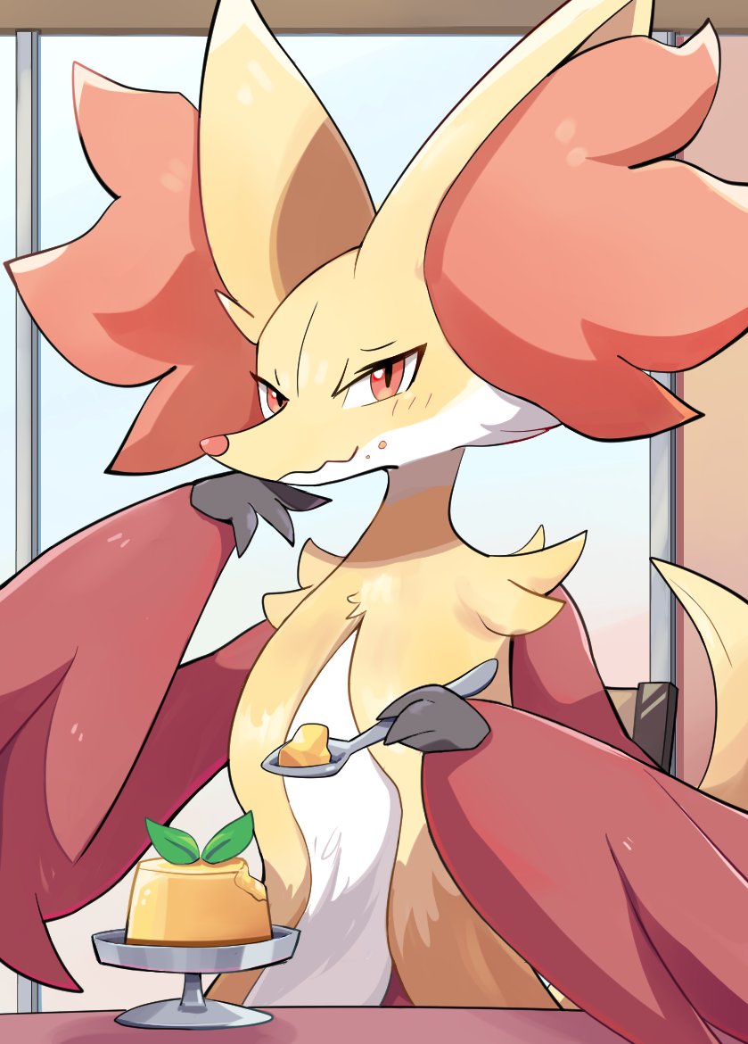 crumbs, delphox, eating, food, gen_6_pokemon, holding, holding_spoon, komanychi