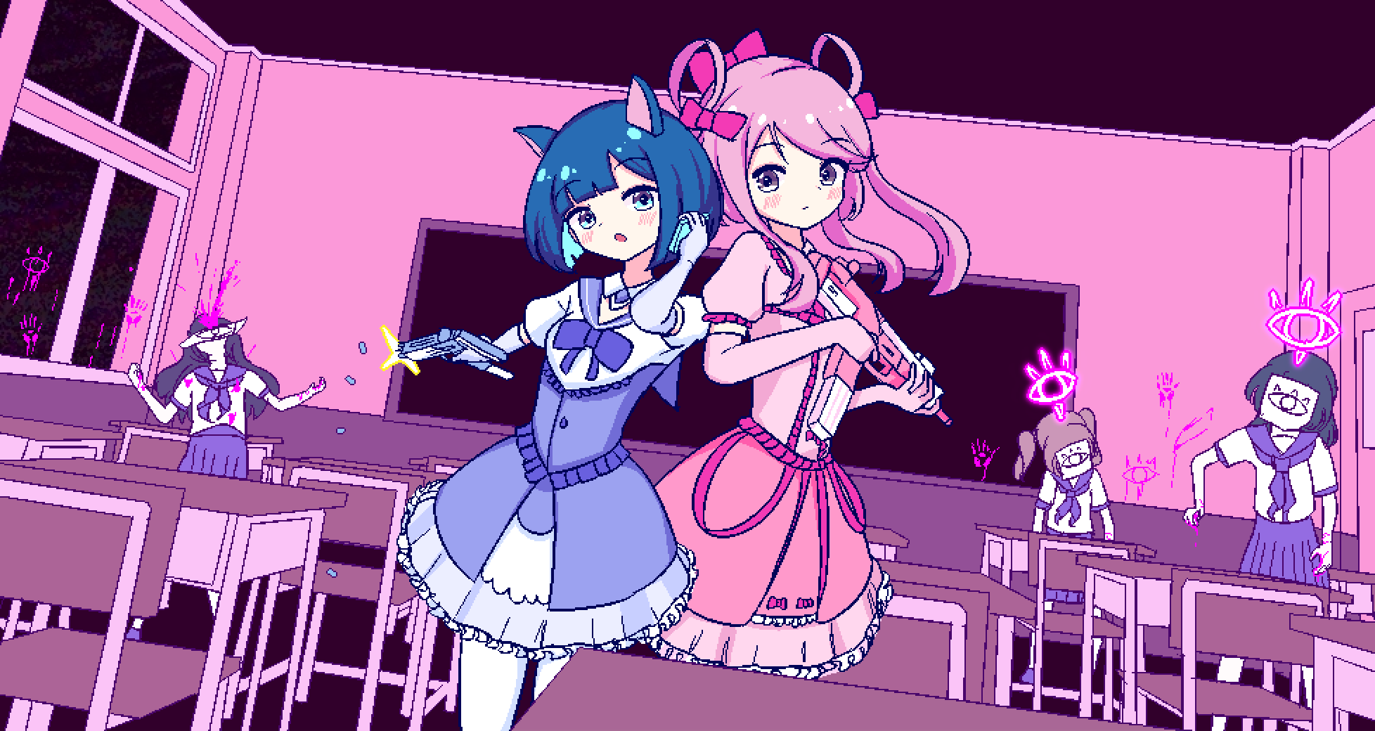 5girls, alternate_costume, animal_ears, aqua_eyes, black_hair, blood, blood_on_clothes, blood_on_hands