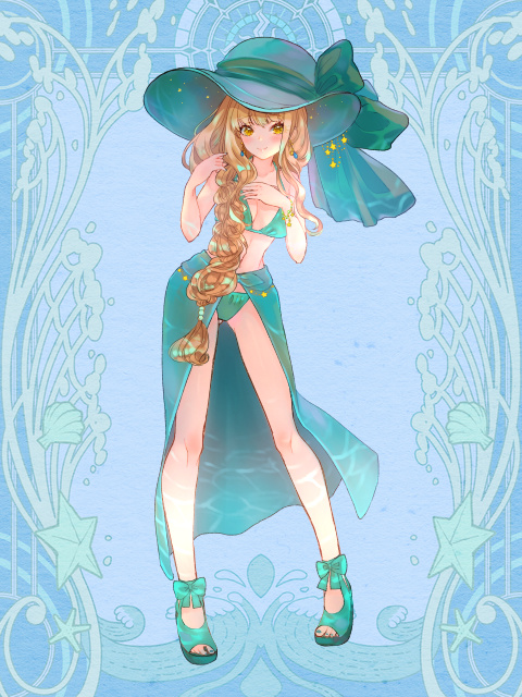 1girl, bikini, blue_background, bracelet, breasts, brown_hair, dairoku_ryouhei, earrings