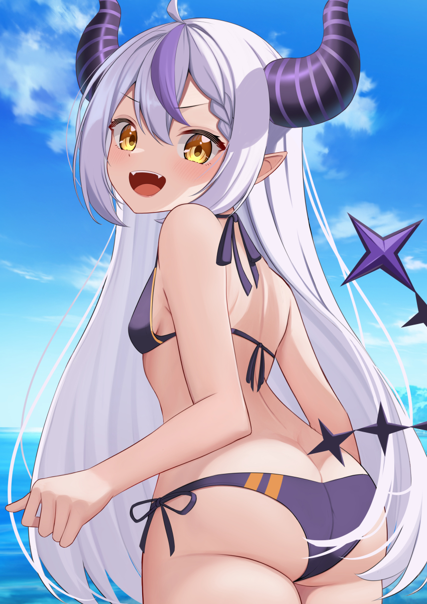 1girl, 9696k, absurdres, ass, bikini, blue_sky, blush, braid