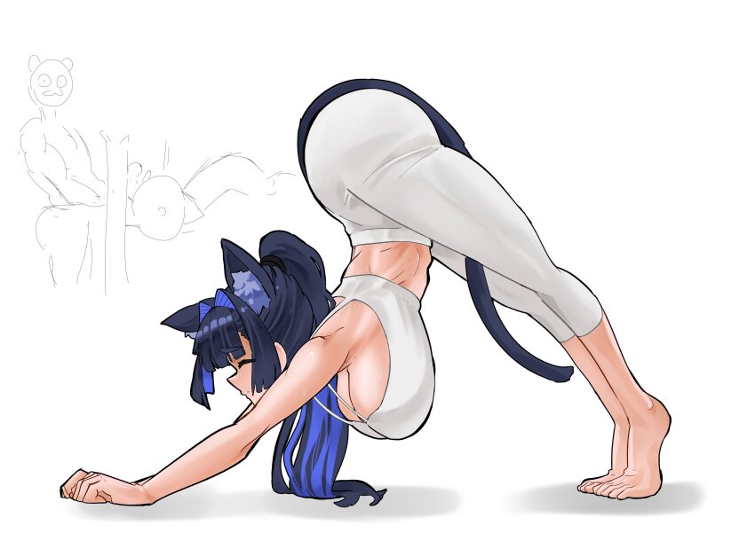 1girl, absurdres, animal_ear_fluff, animal_ears, arched_back, barbell, barefoot, blue_hair