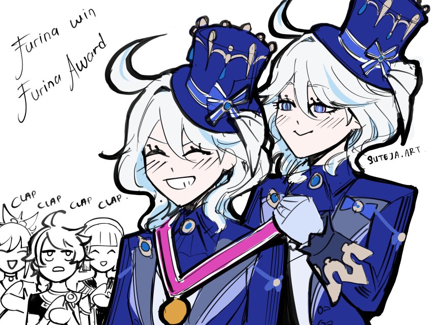 1boy, 3girls, absurdres, aether_(genshin_impact), ahoge, ayaka_(genshin_impact), character_name, clapping