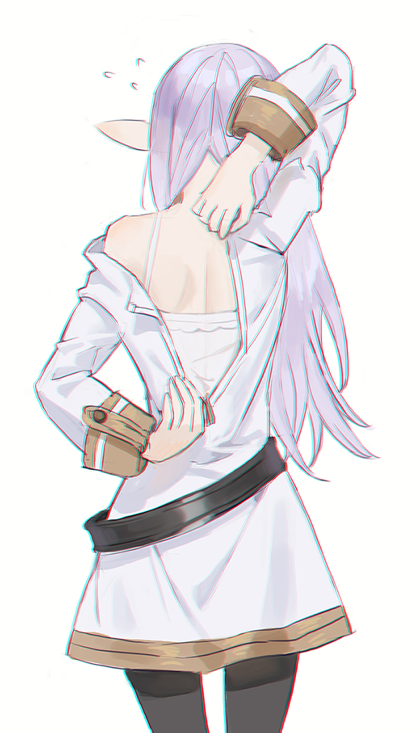 1girl, black_pantyhose, camisole, dress, dressing, elf, flying_sweatdrops, frieren