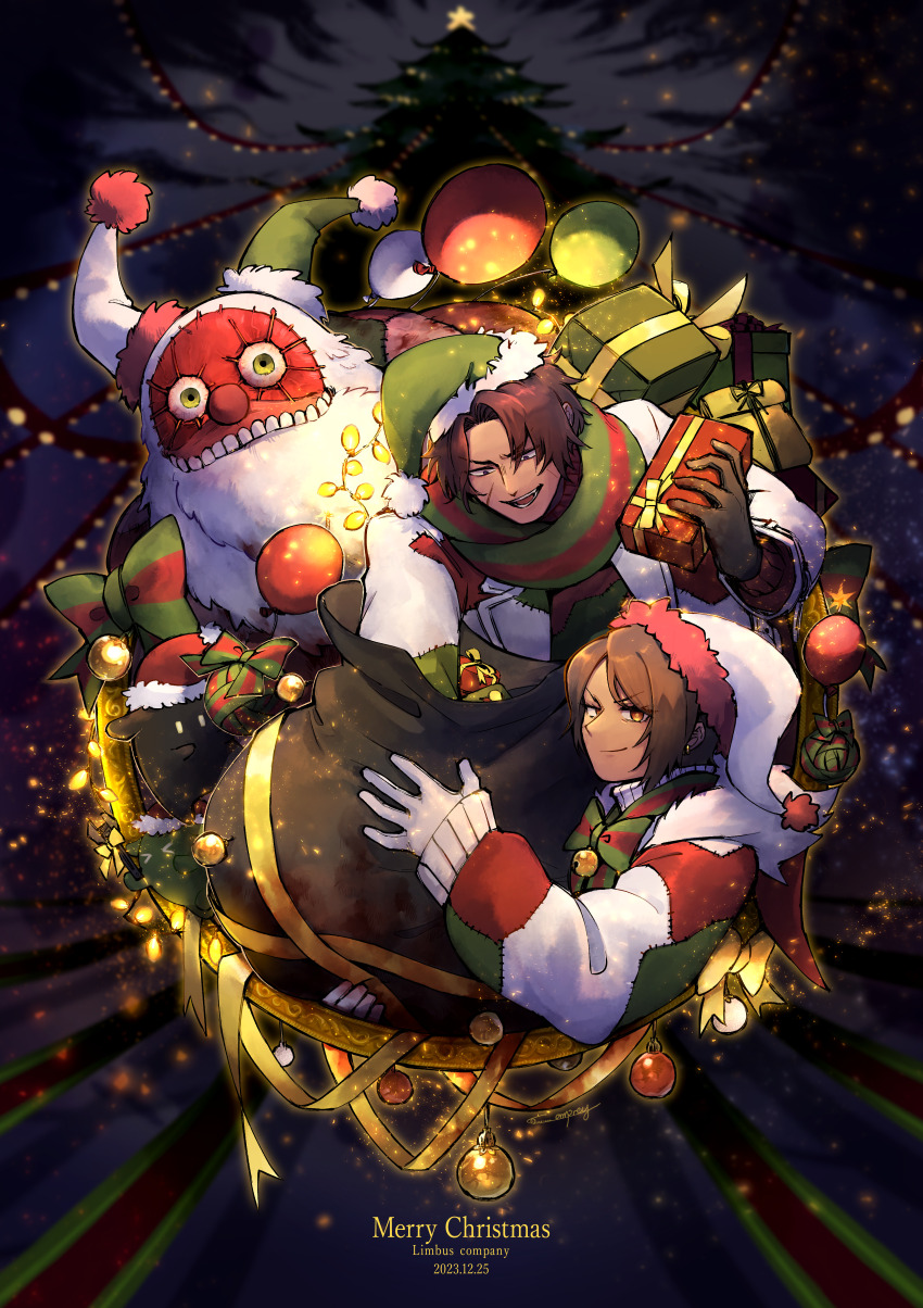 1boy, 1girl, absurdres, brown_eyes, brown_hair, christmas, christmas_tree, dated