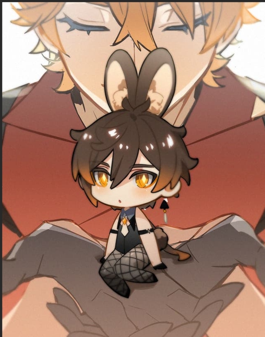 2boys, chibi, closed_eyes, crossdressing, crossdressing_(mtf), fishnet_pantyhose, fishnets, genshin_impact