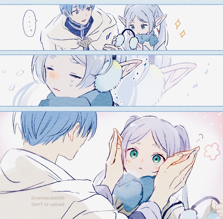 1boy, 1girl, :3, aqua_eyes, blue_eyes, blue_scarf, blush, cape