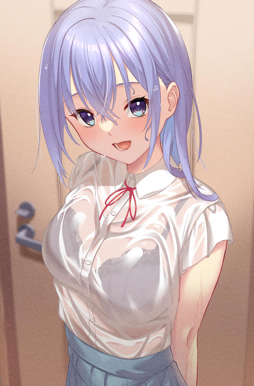 1girl, absurdres, arms_behind_back, black_bra, blue_hair, blue_skirt, bra, breasts