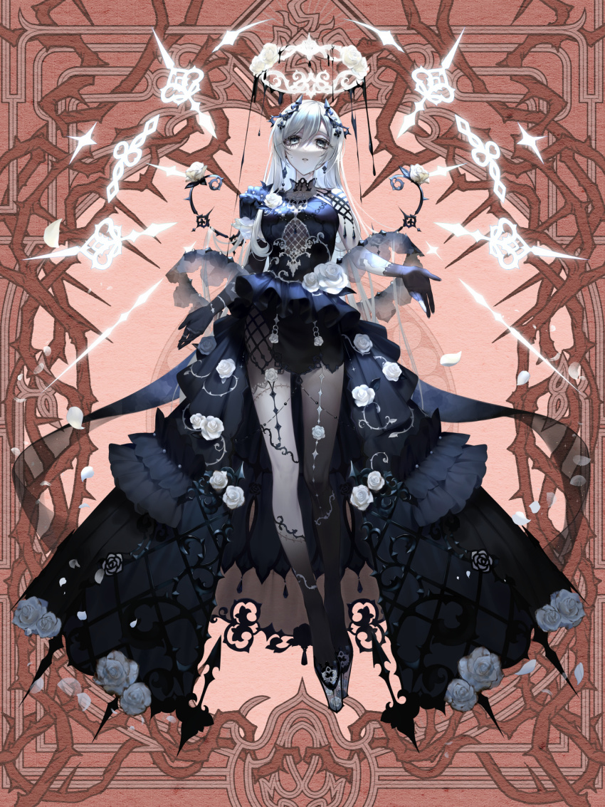 1girl, black_dress, black_footwear, black_liquid, black_shawl, black_skin, brown_background, colored_skin, dairoku_ryouhei, dress, dress_flower, earrings, expressionless, floating, floating_earrings, flower, frilled_dress, frills, full_body, gradient_skin, grey_eyes, grey_nails, hair_ornament, halo, high-low_dress, high-low_skirt, highres, irene_corneille, jewelry, liquid, long_dress, long_hair, looking_at_viewer, mismatched_earrings, nail_polish, open_hands, oriti4, parted_lips, platform_footwear, puffy_short_sleeves, puffy_sleeves, rose, see-through_clothes, see-through_shawl, shawl, short_sleeves, single_sleeve, solo, stitched_arm, stitched_leg, stitches, sunburst, tears, thorns, white_flower, white_hair, white_rose