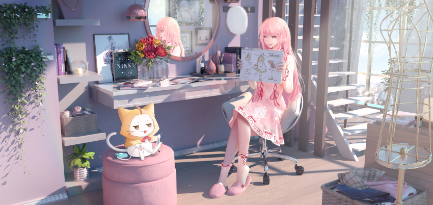 1girl, :d, absurdres, animal, ankle_socks, ball, basket, beret, book, bottle, bow_legwear, candle, cat, chair, clothed_animal, clothes_hanger, compact_(cosmetics), cosmetics, cross-laced_clothes, day, drawing_(object), dress, flower, frilled_sleeves, frills, full_body, fur_hat, hanging_light, hat, highres, holding, holding_sketchbook, indoors, ivy, jewelry, long_hair, long_sleeves, looking_at_another, magazine_(object), makeup_brush, mannequin, mirror, mizuiro_abokado, momo_(nikki), necklace, nikki_(nikki), nikki_(series), on_chair, open_mouth, parted_lips, pencil, pencil_case, perfume_bottle, photo_(object), picture_frame, pinafore_dress, pink_dress, pink_eyes, pink_hair, pink_ribbon, pink_slippers, plant, potted_plant, red_flower, ribbon, shelf, shining_nikki, shirt, sitting, sketchbook, sleeveless, sleeveless_dress, slippers, smile, socks, stairs, stool, swivel_chair, table, tape_measure, tray, unworn_hat, unworn_headwear, unworn_jewelry, unworn_necklace, vanity_table, vase, white_headwear, white_shirt, white_socks, window, wooden_floor, yellow_flower