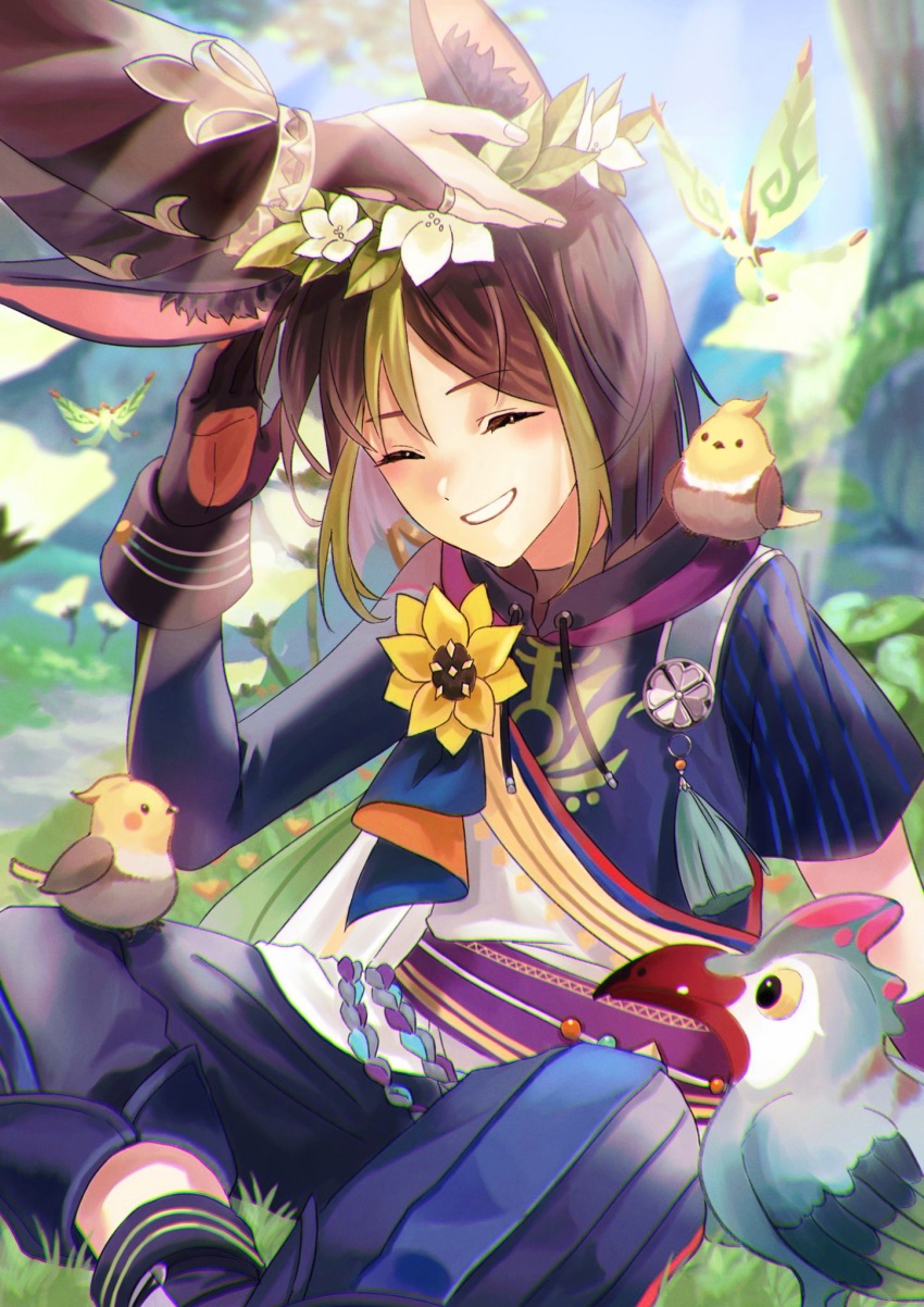 1boy, 1girl, ^_^, animal, animal_ear_fluff, animal_ears, animal_on_shoulder, asa_tuki_893