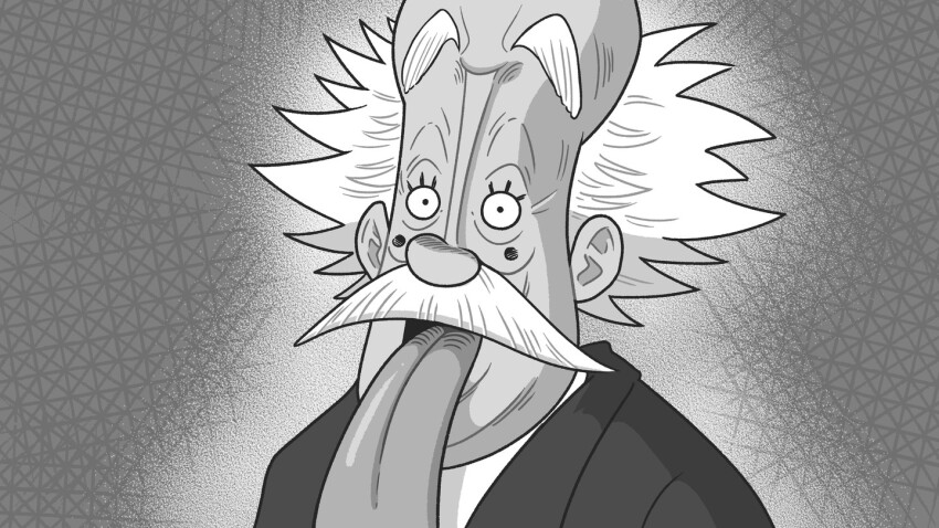 1boy, albert_einstein, alternate_costume, black_eyes, dr._vegapunk, facial_hair, facial_mark, greyscale