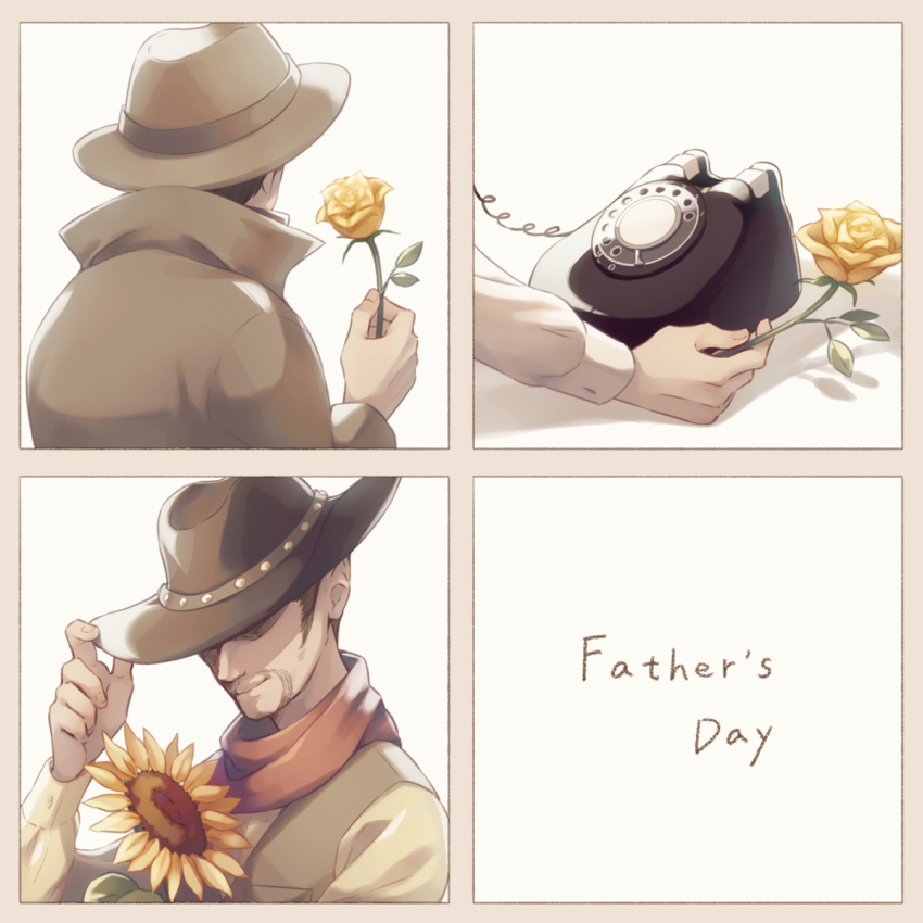 2boys, antique_phone, bandana, bandana_around_neck, brown_coat, brown_hair, coat, commentary, cowboy_hat, english_text, facial_hair, father's_day, fedora, flint_(mother_3), flower, goatee, hat, highres, holding, holding_flower, long_sleeves, male_focus, mother_(series), mother_1, mother_2, mother_3, multiple_boys, ness's_father, ninten's_father, nintendo, phone, red_bandana, rose, rotary_phone, shifumame, sideburns, sunflower, yellow_flower, yellow_rose