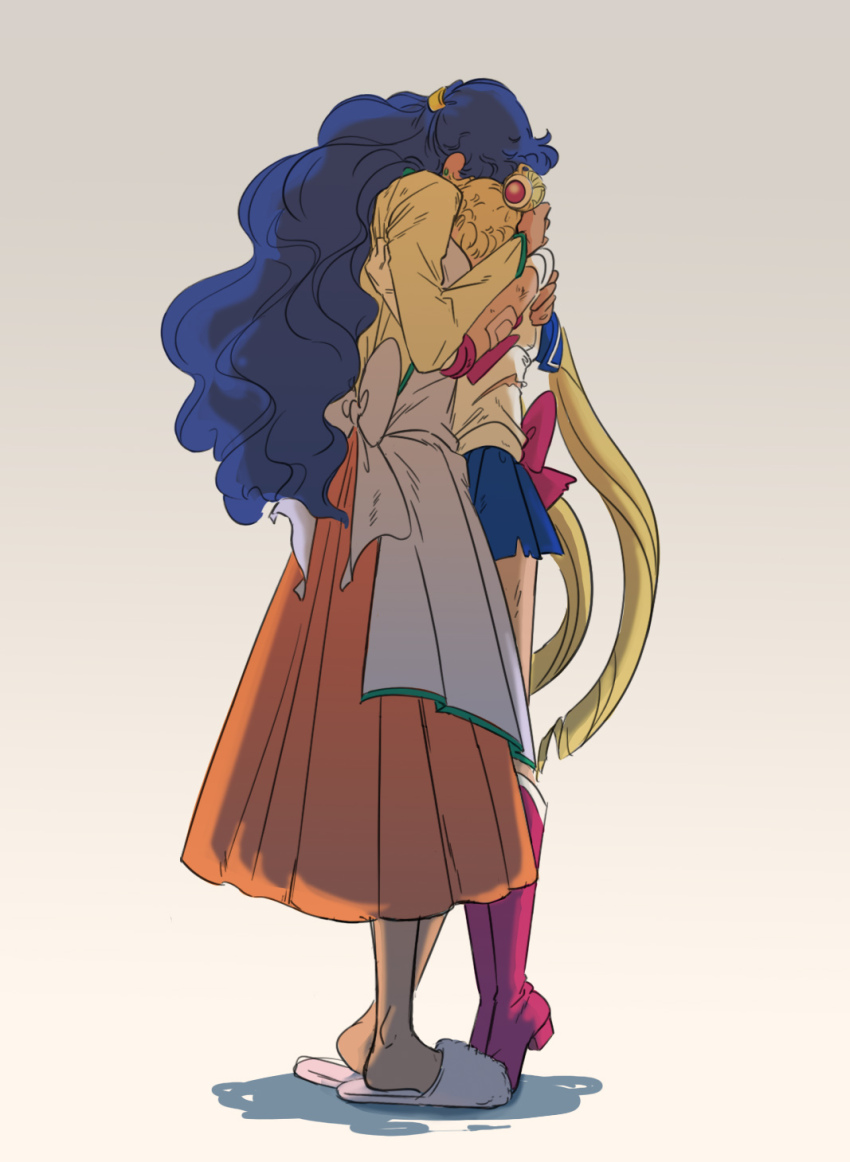 2girls, bishoujo_senshi_sailor_moon, blonde_hair, blue_skirt, bow, family_bonding, gloves, highres, hug, magical_girl, mercuri0ff, mother_and_child, mother_and_daughter, multiple_girls, orange_skirt, parent_and_child, red_bow, sailor_moon, shadow, skirt, tsukino_ikuko, tsukino_usagi, white_gloves
