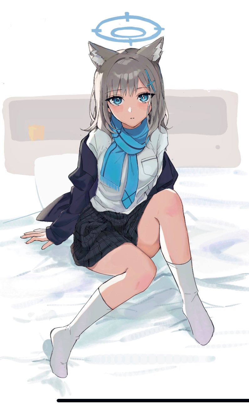 1girl, animal_ear_fluff, animal_ears, bed, black_skirt, blue_archive, blue_eyes, blue_scarf