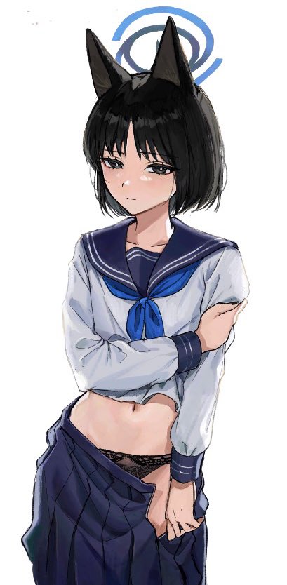 1girl, animal_ears, black_eyes, black_hair, black_nails, black_panties, blue_archive, blue_neckerchief