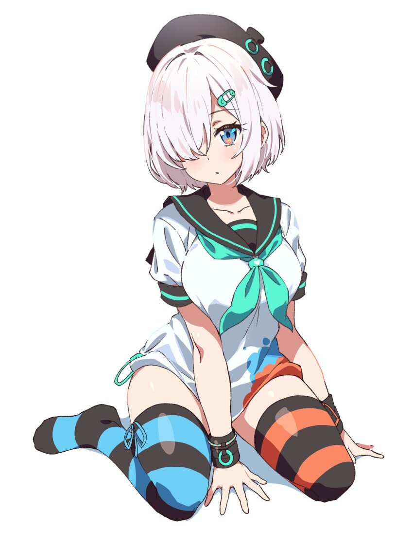 1girl, arm_support, asymmetrical_legwear, beret, between_legs, black_hat, black_sailor_collar, blue_eyes