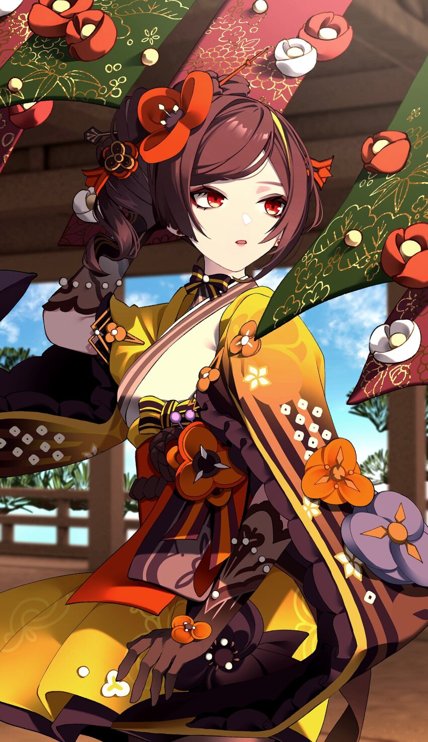 1girl, arm_at_side, arm_up, asymmetrical_sidelocks, black_bow, black_bowtie, blurry, blurry_background, bow, bowtie, brown_gloves, brown_hair, cha_hanare, chiori_(genshin_impact), cowboy_shot, earrings, elbow_gloves, eyeshadow, genshin_impact, gloves, hair_ornament, hairpin, haori, highres, indoors, japanese_clothes, jewelry, kimono, kimono_skirt, looking_to_the_side, makeup, medium_hair, multicolored_hair, obi, obiage, obijime, orange_haori, parted_lips, red_eyes, red_sash, sash, side_ponytail, sidelocks, solo, streaked_hair, striped_bow, striped_bowtie, striped_clothes, wind, yellow_bow, yellow_bowtie