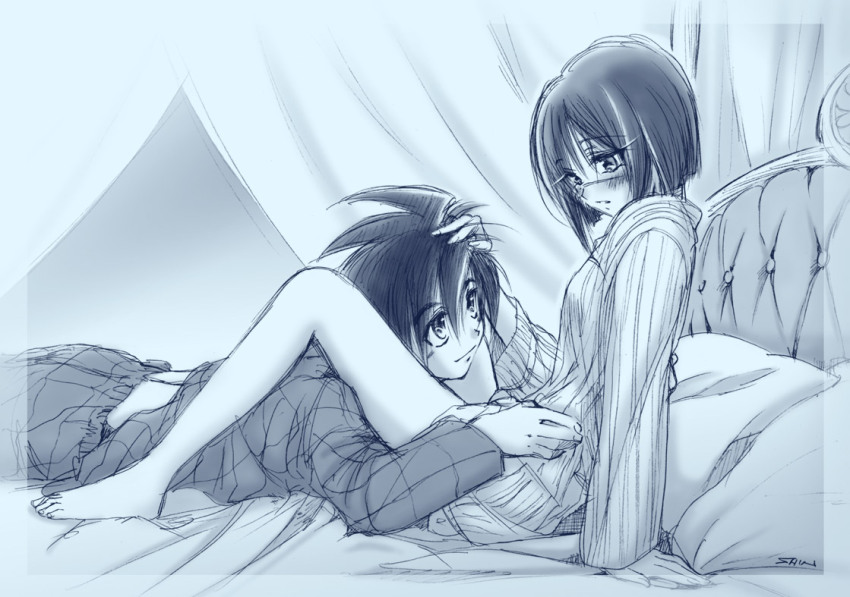 00s, 1boy, 1girl, barefoot, bed, between_legs, blue_theme, blush, bob_cut, busou_renkin, couple, feet, hand_on_another's_head, happy, hetero, hug, legs, long_legs, monochrome, mutou_kazuki, pajamas, sameha_ikuya, scar, scar_on_face, scar_on_nose, sketch, toes, tsumura_tokiko