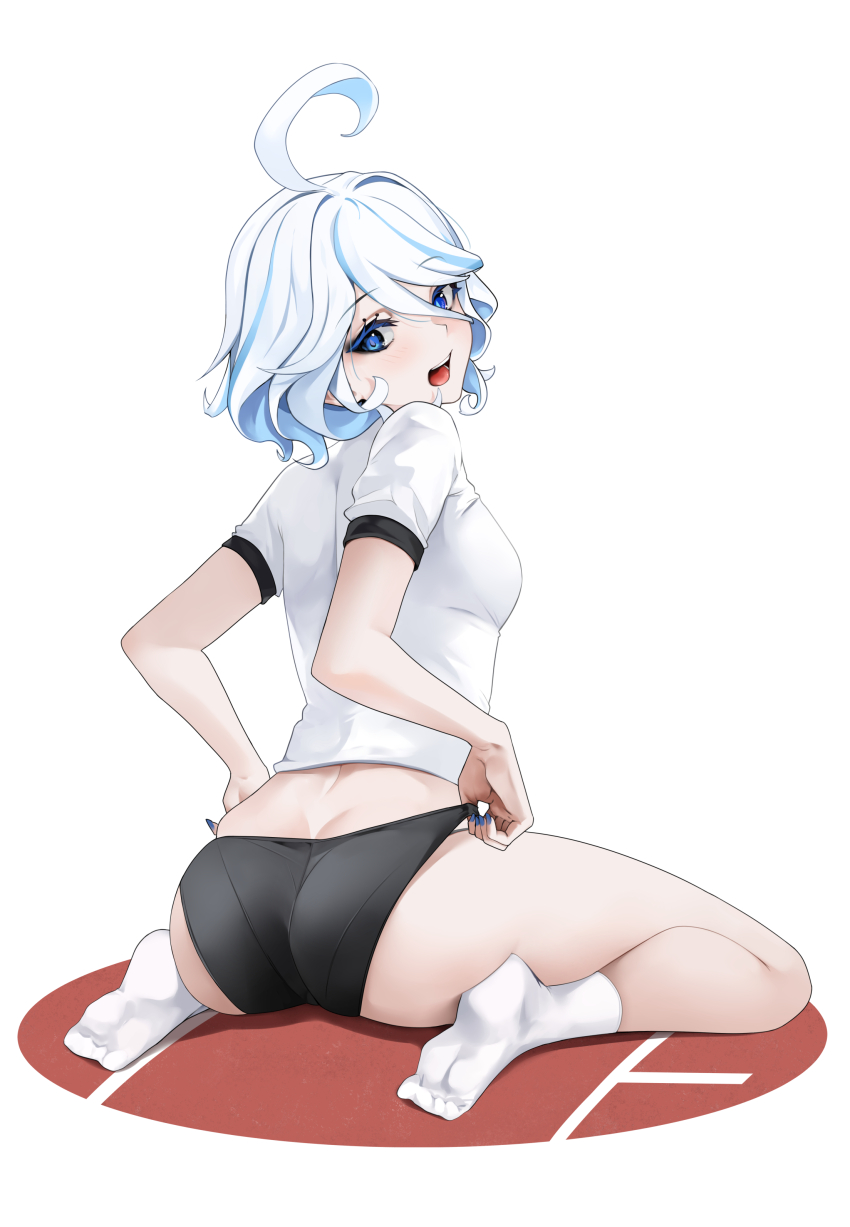 1girl, absurdres, ahoge, alternate_costume, ass, blue_eyes, blue_hair, blue_nails