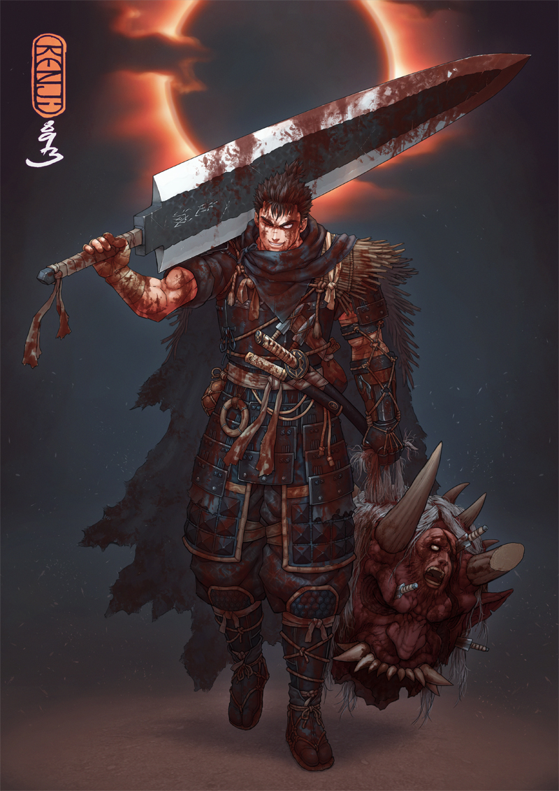 1boy, alternate_costume, alternate_hairstyle, armor, artist_name, baggy_pants, bandaged_arm, bandages