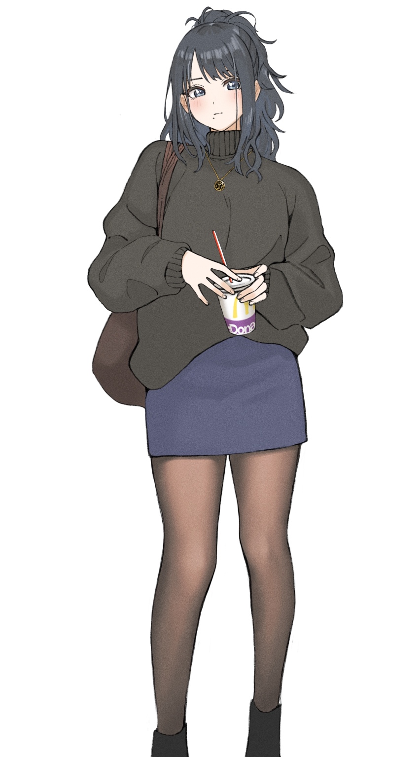 1girl, absurdres, alternate_costume, bag, black_hair, black_pantyhose, black_sweater, blue_skirt
