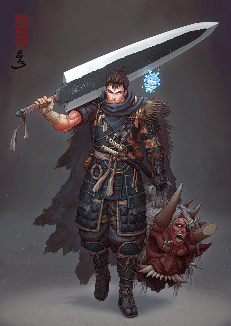 1boy, alternate_costume, alternate_hairstyle, armor, artist_name, baggy_pants, bandaged_arm, bandages