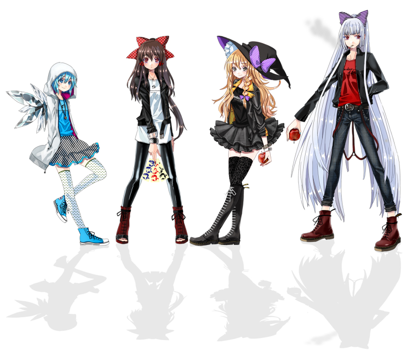 4girls, alternate_costume, animal_print, apple, blonde_hair, blue_eyes, boots, brown_hair