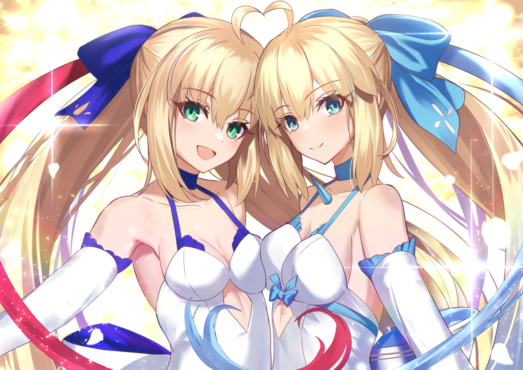 2girls, ahoge, aqua_eyes, artoria_caster_(fate), artoria_caster_(hopewill_camelot)_(fate), artoria_caster_(swimsuit)_(fate), artoria_caster_(swimsuit_berserker)_(third_ascension)_(fate), artoria_pendragon_(fate), bare_shoulders, blonde_hair, blush, breasts, cleavage, closed_mouth, dress, elbow_gloves, fate/grand_order, fate_(series), gloves, green_eyes, hair_ribbon, long_hair, looking_at_viewer, medium_breasts, morgan_le_fay_(fate), morgan_le_fay_(water_princess)_(fate), multiple_girls, neko_daruma, open_mouth, ponytail, ribbon, smile, white_dress, white_gloves
