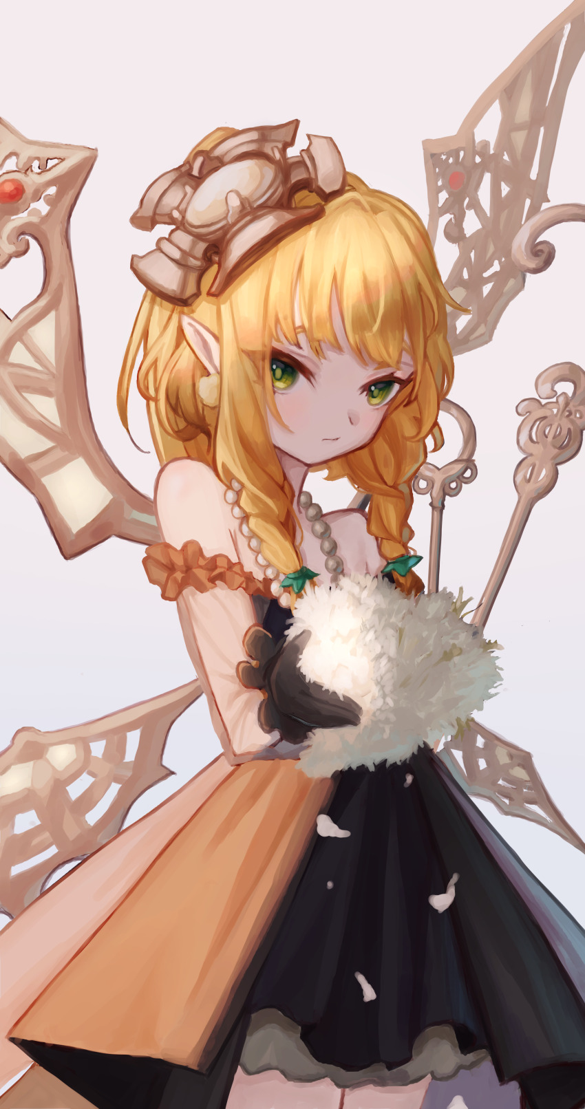 1girl, absurdres, aromalilith_rosalina, bare_shoulders, black_gloves, blonde_hair, dress, duel_monster