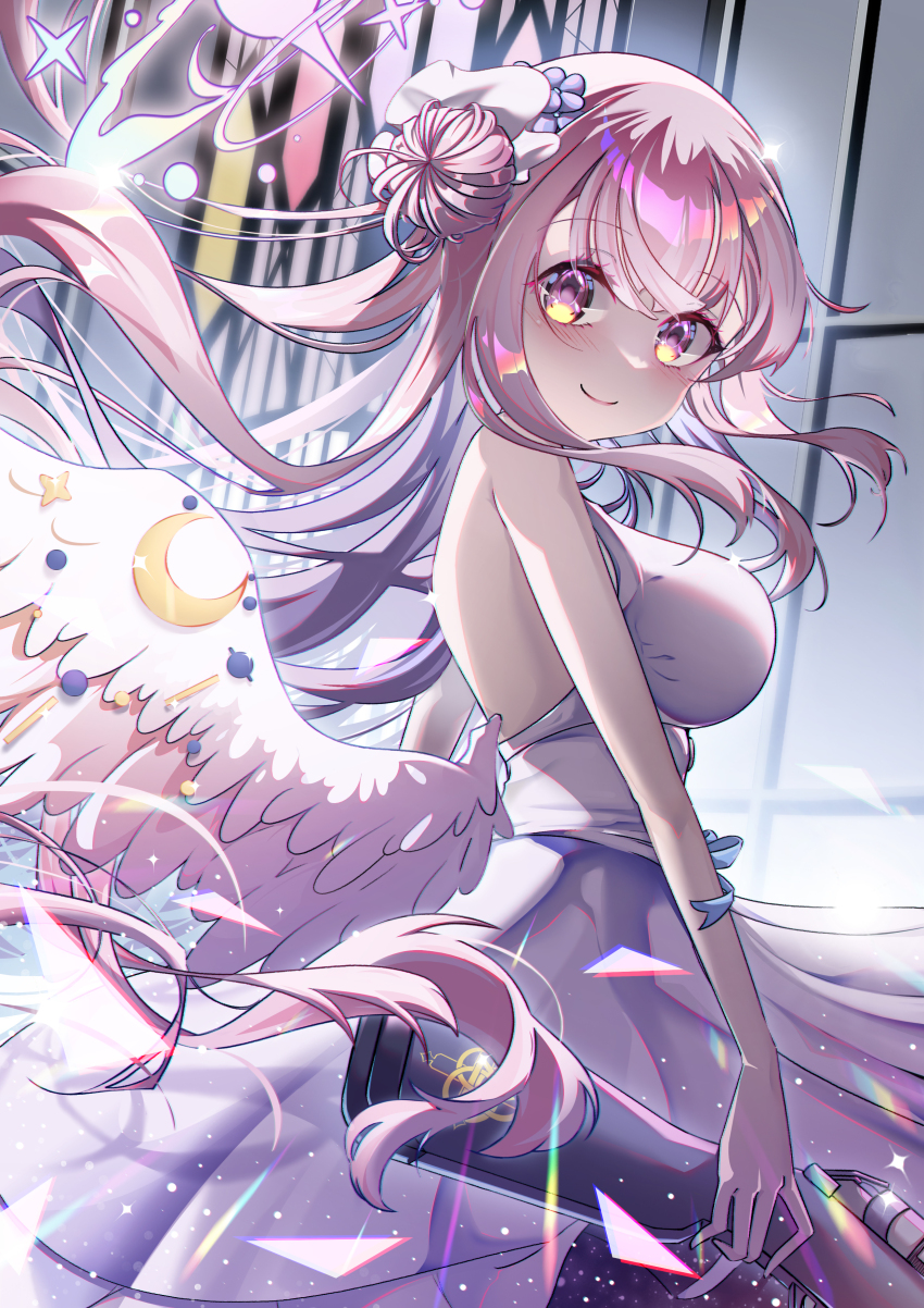 1girl, absurdres, bare_shoulders, blue_archive, dress, highres, huang_j_xuan, long_hair, looking_at_viewer, mika_(blue_archive), pink_hair, smile, solo, white_dress, yellow_eyes