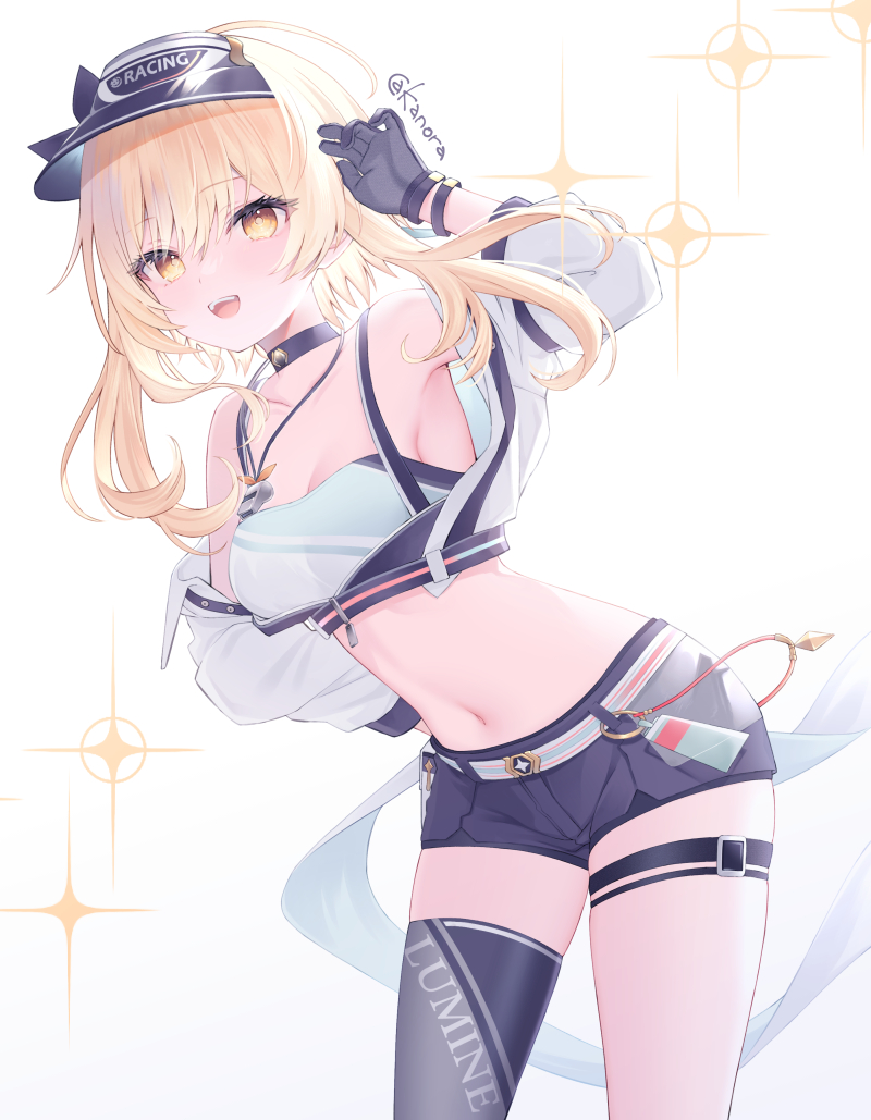 1girl, arm_behind_back, armpits, bare_shoulders, black_gloves, black_headwear, black_shorts, black_thighhighs