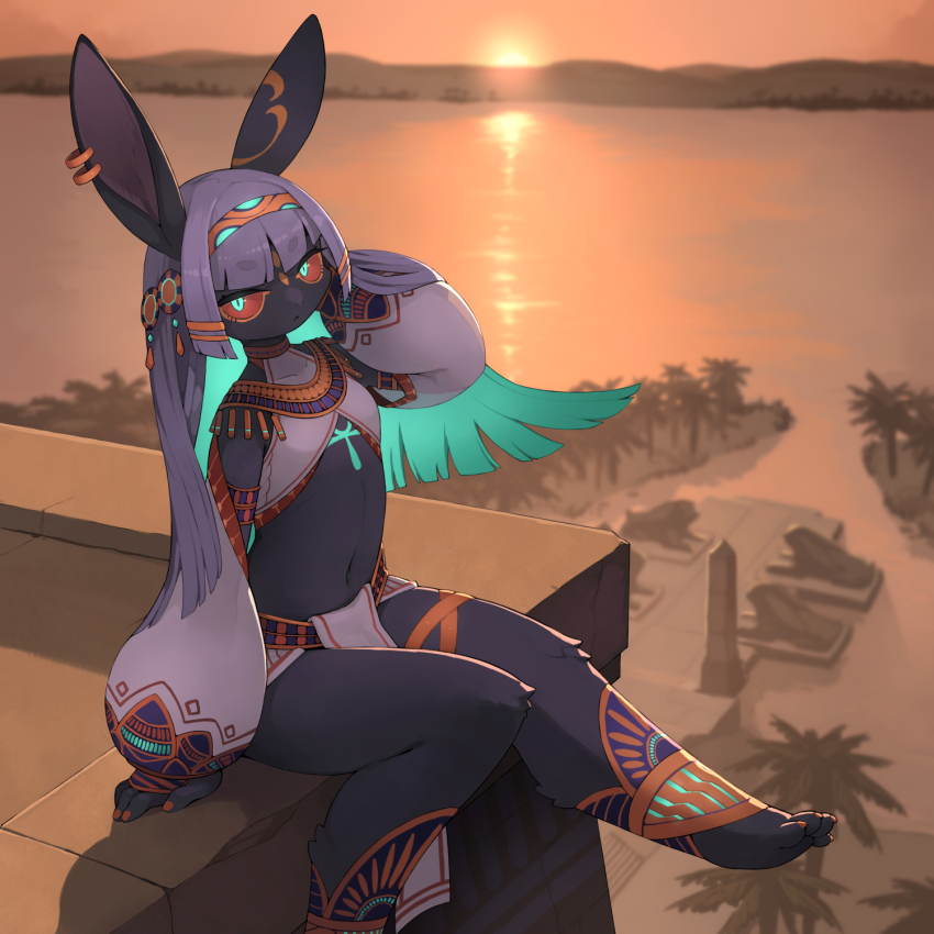1girl, ancient_egyptian, animal_ear_piercing, animal_ears, animal_feet, ankh, aqua_hair, armlet