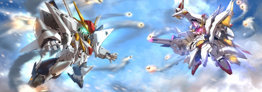 absurdres, battle, beam_rifle, blue_sky, chibi, chinese_commentary, cloud, cloudy_sky