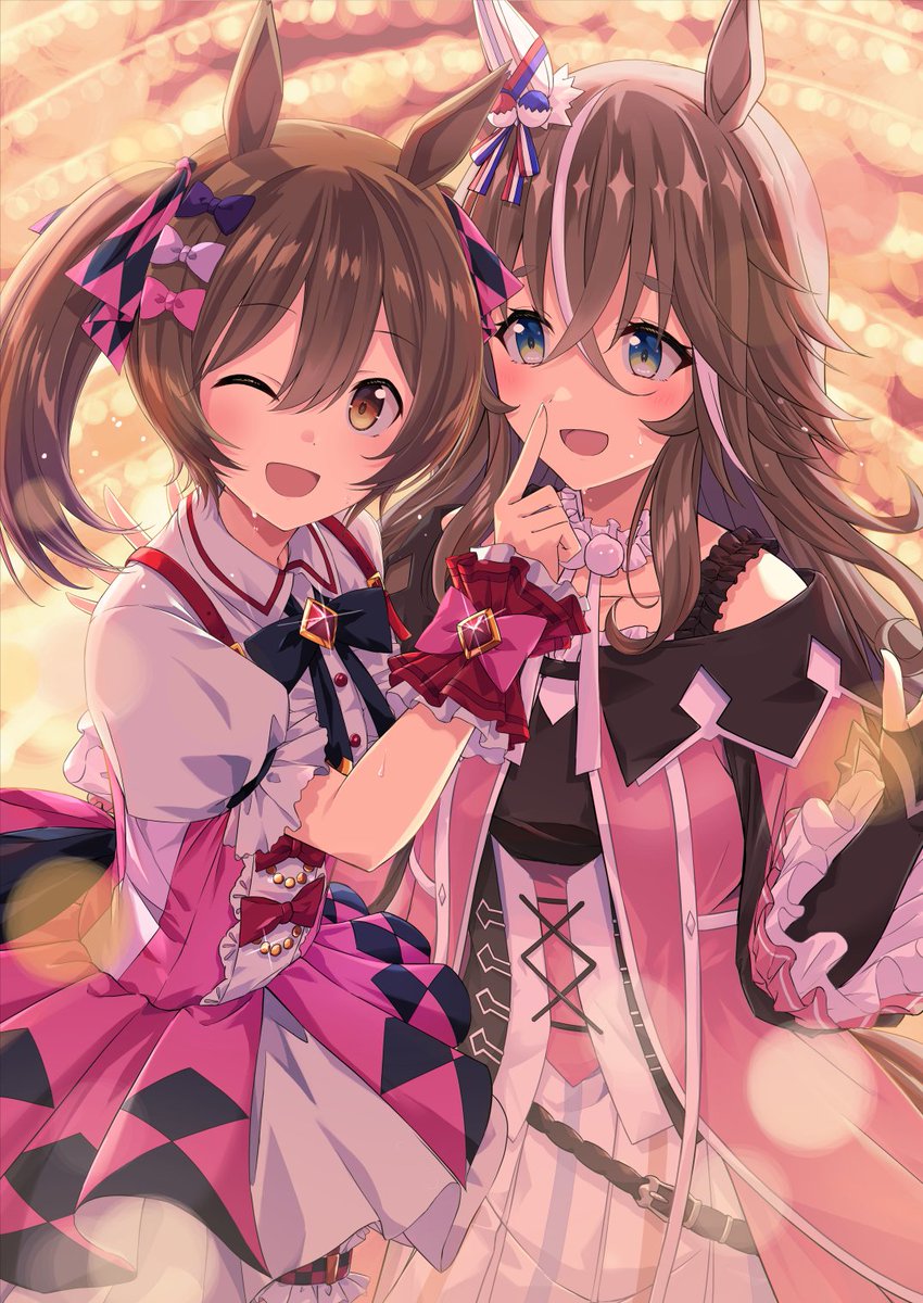 2girls, animal_ears, blue_eyes, blurry, blurry_background, blush, breasts, brown_eyes