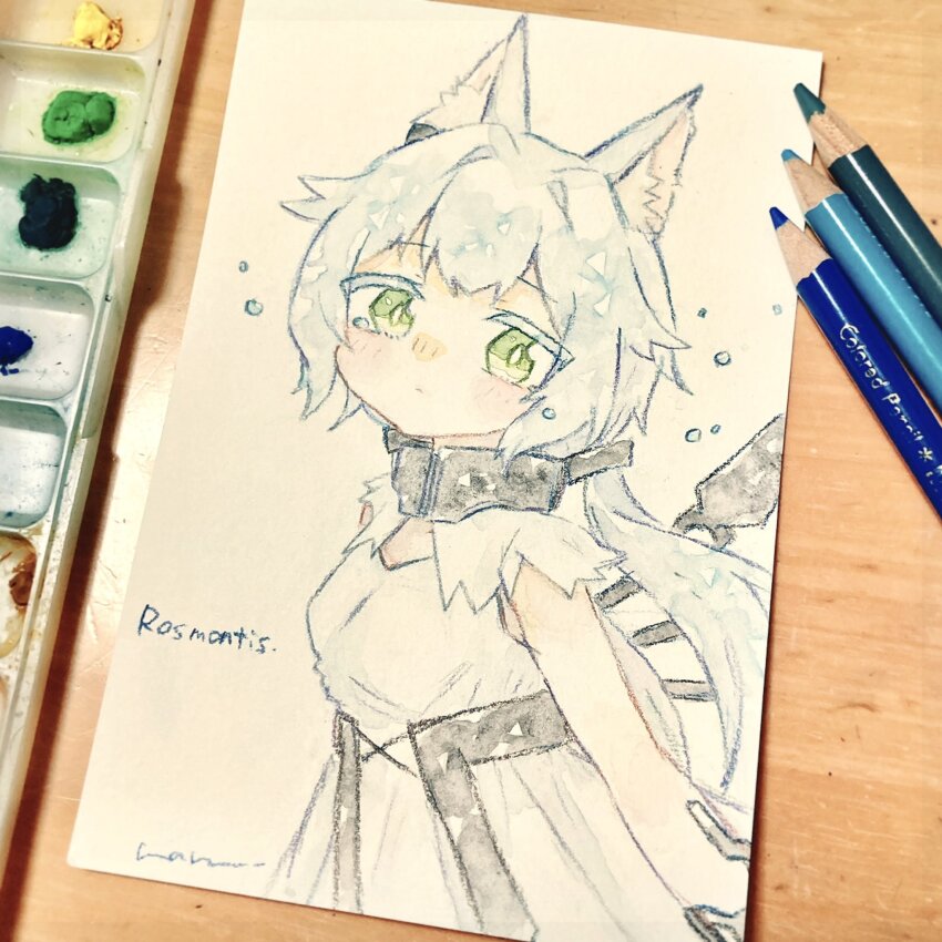 1girl, animal_ears, arknights, art_tools_in_frame, blue_hair, blush, cat_ears, cat_girl, character_name, commentary_request, detached_wings, dress, green_eyes, haru_(aona1122), highres, light_blue_hair, long_hair, looking_at_viewer, mechanical_wings, official_alternate_costume, rosmontis_(arknights), rosmontis_(become_anew)_(arknights), solo, traditional_media, twintails, upper_body, white_dress, wings