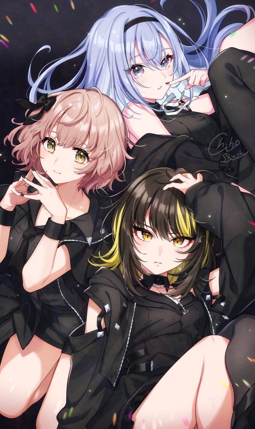 3girls, black_hair, black_hairband, black_jacket, black_nails, black_necktie, black_ribbon, blonde_hair