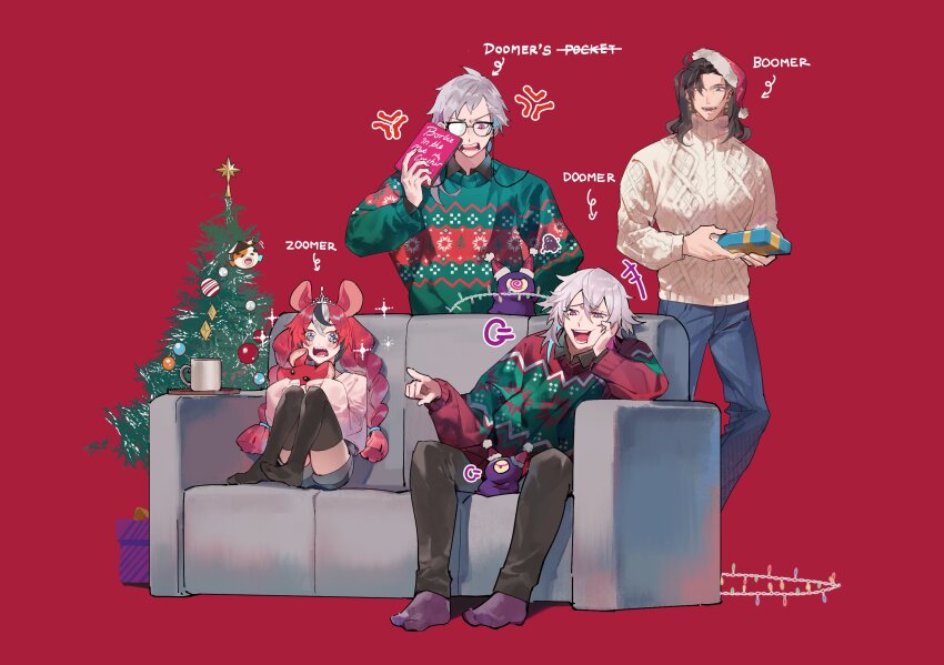 1girl, 3boys, anger_vein, animal_ears, baggy_clothes, barbie_(franchise), bettel_2_(gavis_bettel), black_hair, black_thighhighs, blue_eyes, blue_hair, braid, christmas_ornaments, christmas_present, christmas_sweater, christmas_tree, commentary, couch, denim, earrings, english_commentary, english_text, full_body, gavis_bettel, gift, glasses, grey_hair, hakos_baelz, hat, heterochromia, highres, hololive, hololive_english, holostars, holostars_english, jeans, jewelry, josuiji_shinri, knees_up, koipanion_(josuiji_shinri), laughing, long_hair, looking_ahead, looking_at_another, lynnear, mouse_ears, mr._squeaks_(hakos_baelz), multicolored_hair, multiple_boys, on_couch, open_mouth, pants, phantom_(gavis_bettel), pink_eyes, pink_hair, pointing, purple_socks, red_background, red_hair, santa_hat, short_hair, shorts, siblings, sitting, socks, sparkle, standing, thighhighs, tiara, twin_braids, twins, virtual_youtuber