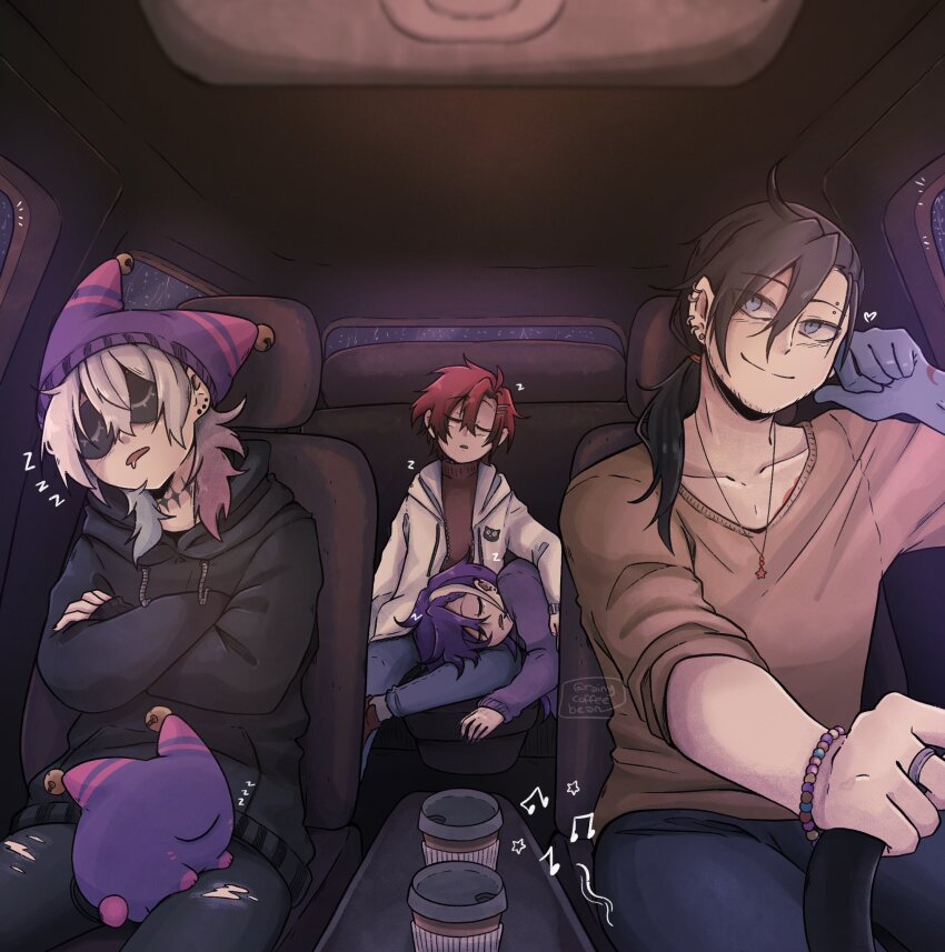 4boys, banzoin_hakka, black_choker, black_hair, black_hoodie, blue_eyes, blue_hair, car_interior, choker, closed_eyes, colored_skin, commentary, creature, crossed_arms, cup, disposable_coffee_cup, disposable_cup, driving, ear_piercing, earrings, english_commentary, facing_viewer, gavis_bettel, goth_fashion, grey_hair, hair_between_eyes, hat, heart, highres, holostars, holostars_english, hood, hoodie, jester_cap, jewelry, josuiji_shinri, long_hair, looking_to_the_side, lying_on_lap, machina_x_flayon, male_focus, multicolored_hair, multiple_boys, multiple_earrings, music, necklace, pants, phantom_(gavis_bettel), piercing, pink_hair, purple_hair, rain, rainycoffeebean, red_hair, saliva, short_hair, side_ponytail, sitting, sleep_mask, sleeping, sleeping_upright, smile, torn_clothes, torn_pants, twitter_username, virtual_youtuber, white_hair, zzz