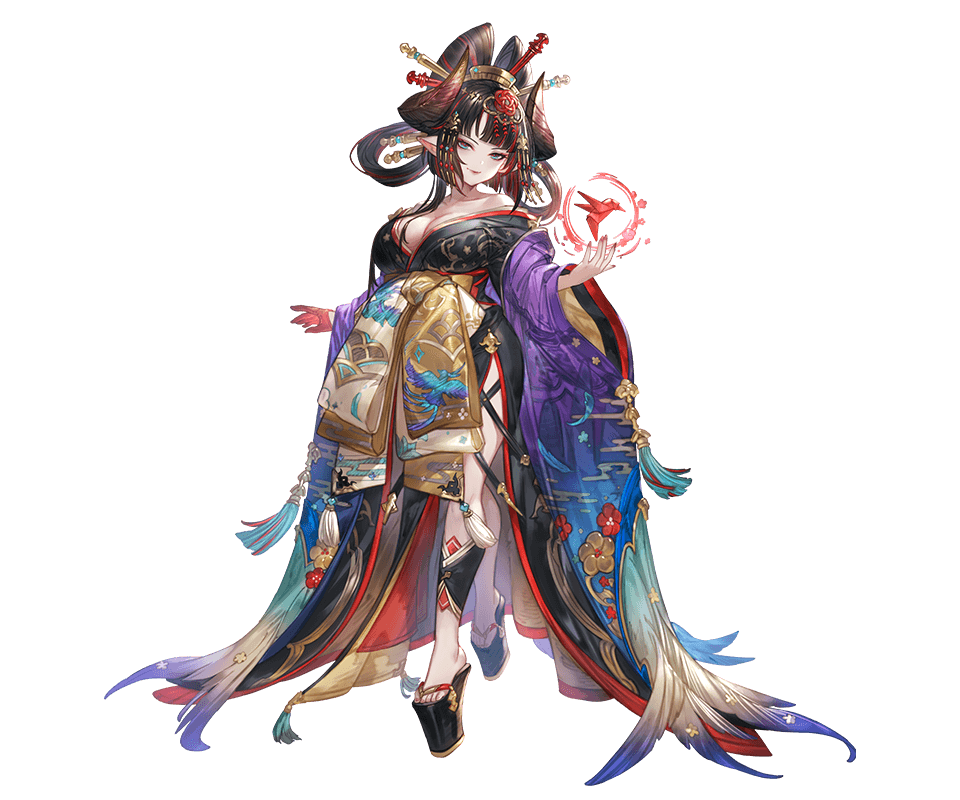 1girl, black_hair, breasts, cleavage, full_body, geisha, granblue_fantasy, hair_ornament, headdress, horns, japanese_clothes, kanzashi, kimono, large_breasts, multicolored_hair, nihongami, obi, origami, platform_clogs, pointy_ears, sash, side_slit, simple_background, smile, solo, streaked_hair, utsusemi_(granblue_fantasy)