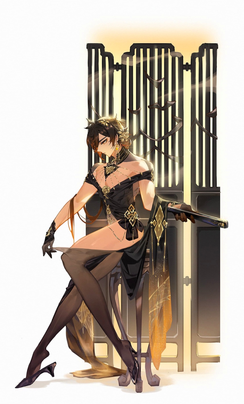 1boy, absurdres, alternate_costume, alternate_hairstyle, architecture, black_dress, black_footwear, chinese_clothes, clothes_pull, crossdressing, crossdressing_(mtf), dress, east_asian_architecture, formal_clothes, genshin_impact, hair_ornament, hair_up, hair_updo, hand_fan, high_heels, highres, holding, holding_fan, leaning_on_object, leaning_on_table, male_focus, pantyhose, pantyhose_pull, solo, solo_focus, white_background, yewood, zhongli_(genshin_impact)