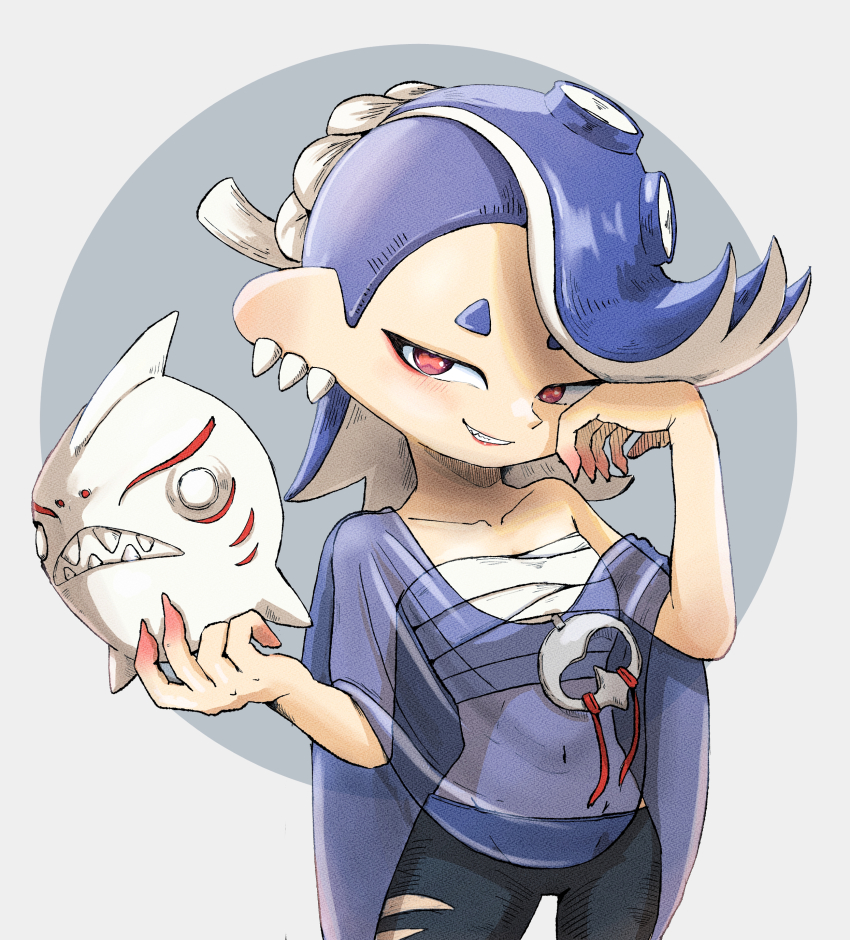 1girl, absurdres, black_pants, blue_hair, blue_shawl, cephalopod_eyes, chest_sarashi, collarbone, commentary_request, cowboy_shot, grey_background, highres, holding, holding_mask, mask, medium_hair, midriff, navel, nintendo, octoling, pants, red_eyes, sarashi, shawl, shiver_(deep_cut_outfit)_(splatoon), shiver_(splatoon), smile, solo, splatoon_(series), splatoon_3, standing, teeth, tentacle_hair, torn_clothes, torn_pants, two-tone_background, unworn_mask, user_aaww2288, white_background