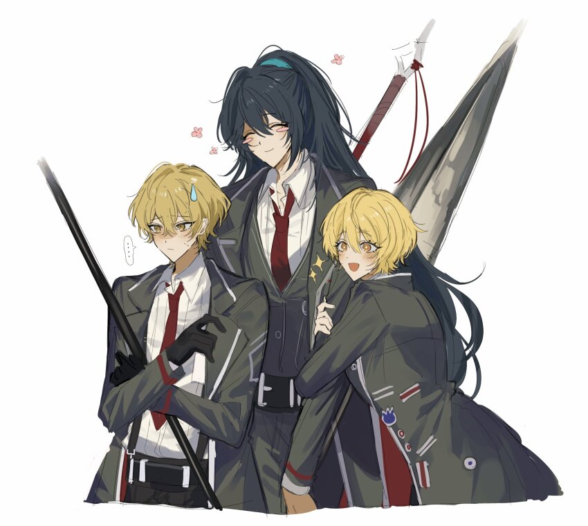 1girl, 2boys, arm_hug, black_gloves, black_hair, black_pants, black_vest, blonde_hair