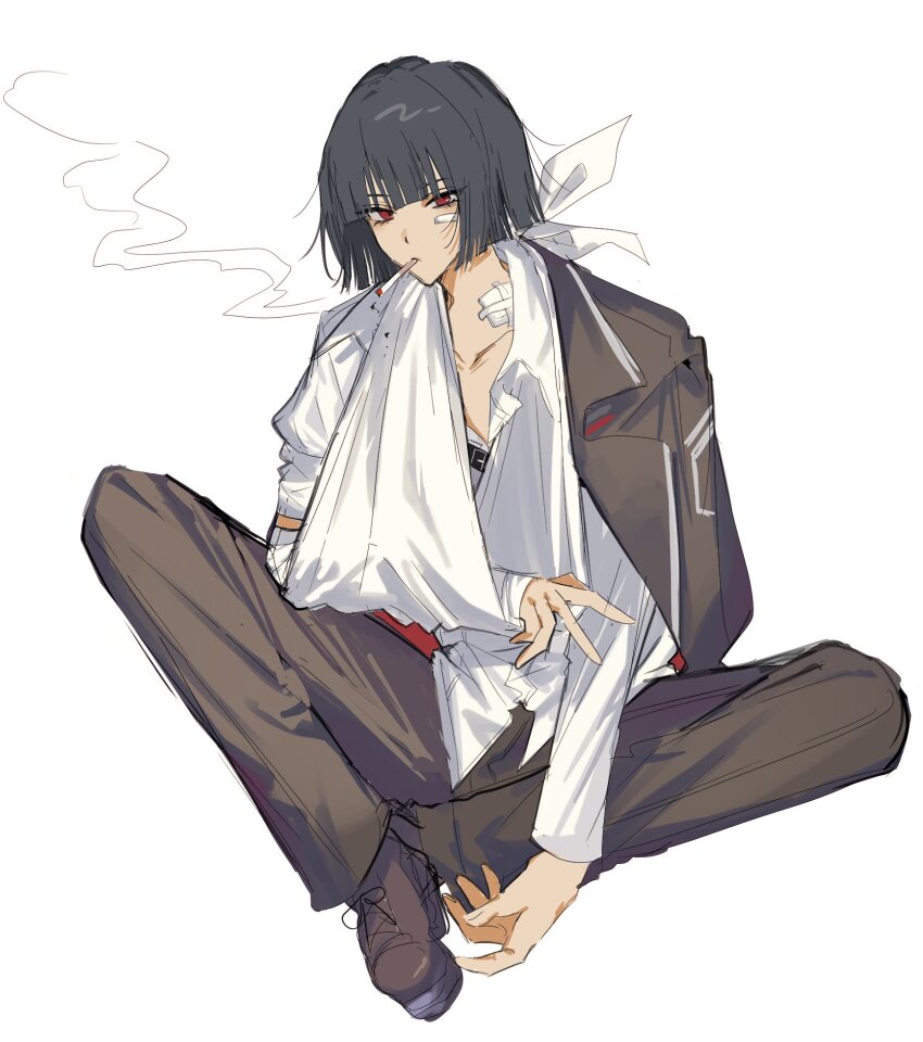 1girl, black_coat, black_hair, black_pants, black_shoes, cast, coat, coat_on_shoulders