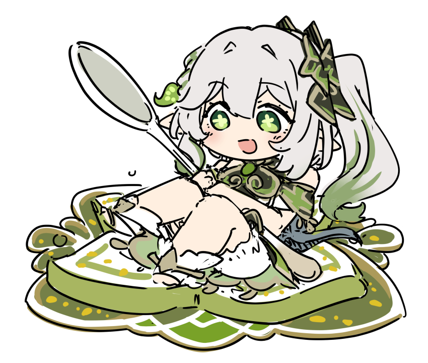 1girl, :d, absurdres, bloomers, braid, chibi, crown_braid, detached_sleeves, dress, flower-shaped_pupils, food, genshin_impact, gradient_hair, green_eyes, hair_between_eyes, hair_ornament, halvamazd_(genshin_impact), highres, holding, holding_spoon, knees_up, leaf_hair_ornament, long_hair, looking_at_viewer, mini_person, minigirl, multicolored_hair, nahida_(genshin_impact), open_mouth, pointy_ears, sesield, short_sleeves, side_ponytail, sidelocks, simple_background, single_braid, sitting, sketch, smile, solo, spoon, stirrup_legwear, streaked_hair, symbol-shaped_pupils, toeless_legwear, two-tone_hair, underwear, white_background, white_bloomers, white_dress, white_hair