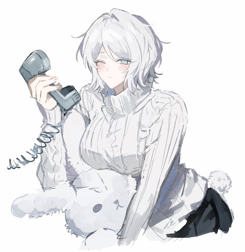 1girl, black_pants, blush, breasts, closed_mouth, corded_phone, cowboy_shot, faust_(project_moon), highres, holding, holding_phone, large_breasts, limbus_company, long_sleeves, looking_at_viewer, mnt_(mnppf7), pants, phone, project_moon, rabbit_tail, ribbed_sweater, short_hair, solo, stuffed_animal, stuffed_rabbit, stuffed_toy, sweater, tail, turtleneck, turtleneck_sweater, white_hair, white_sweater, zwei_association_south_uniform