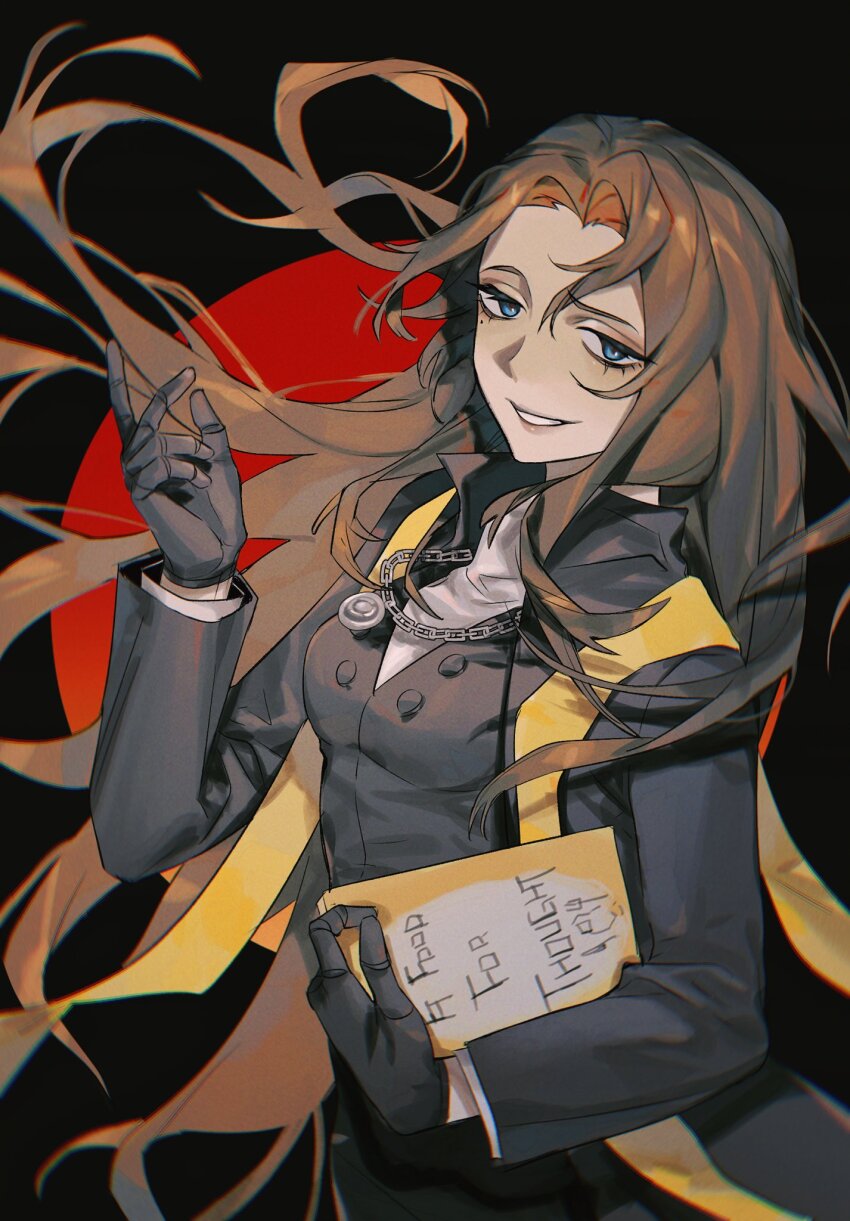 1girl, black_coat, black_gloves, book, brown_hair, coat, dieci_association_south_uniform, gloves