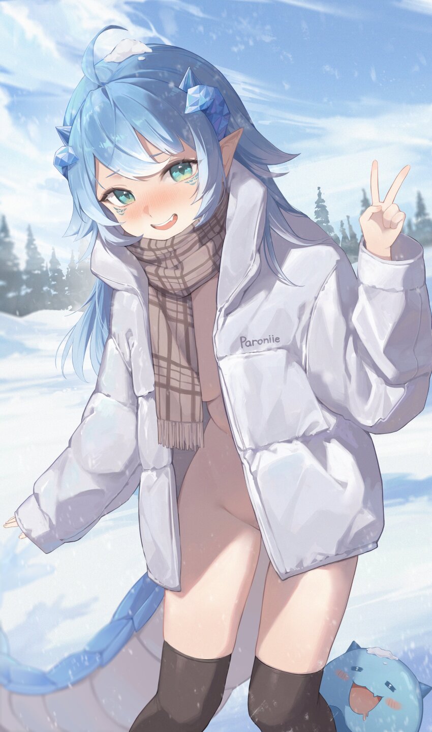 1girl, absurdres, ahoge, aqua_eyes, black_thighhighs, blue_hair, breasts, brown_scarf, cloud, coat, cropped_legs, double-parted_bangs, dragon_girl, dragon_horns, exitus, gradient_hair, highres, horns, long_hair, looking_at_viewer, mascot, medium_breasts, midori_fufu, multicolored_hair, naked_coat, paroniie_(vtuber), pine_tree, pointy_ears, scales, scarf, sidelocks, sky, slit_pupils, snow, standing, striped_clothes, striped_scarf, thighhighs, tree, two-tone_hair, v, virtual_youtuber, white_coat, white_hair
