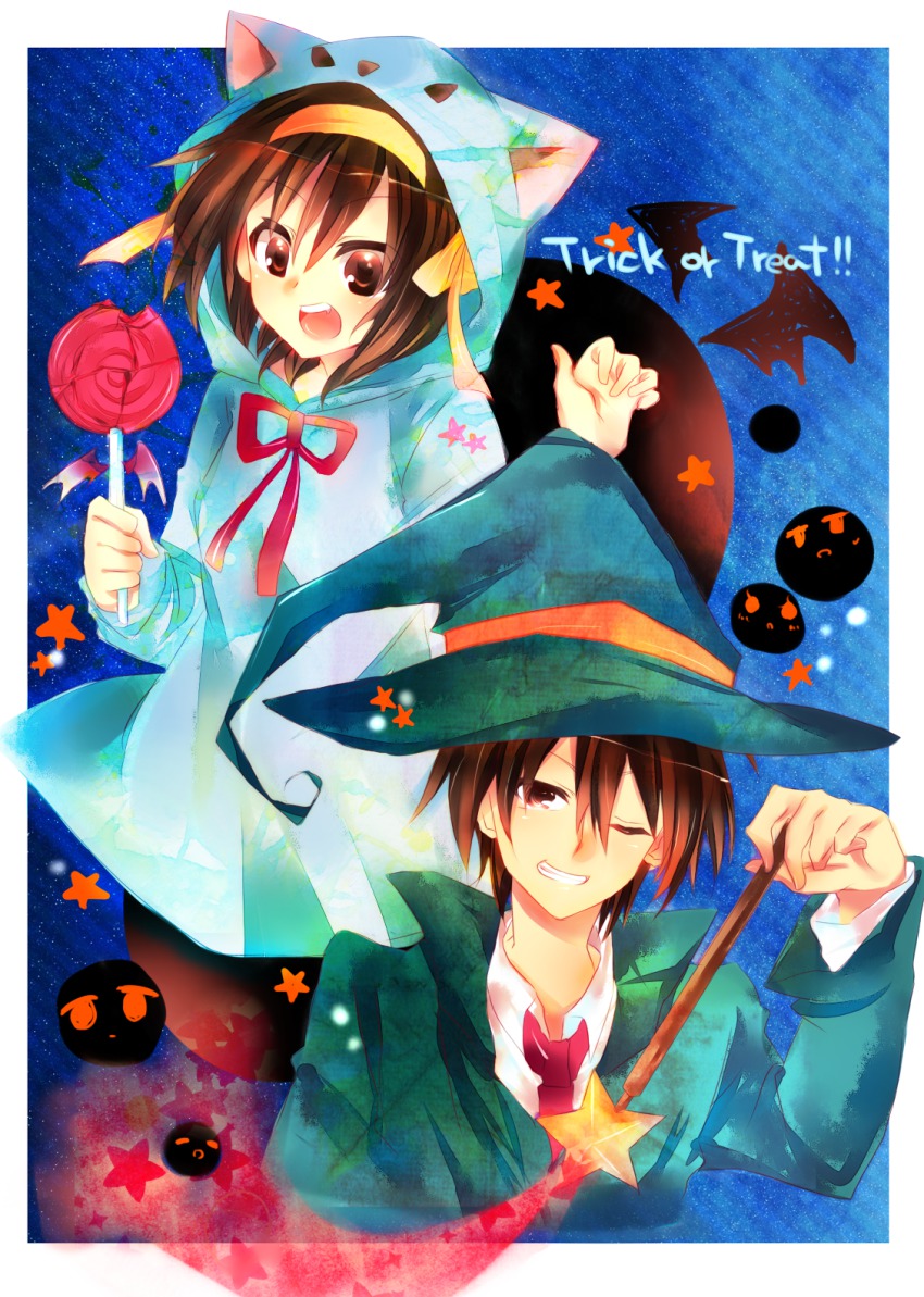 1boy, 1girl, animal_costume, bad_id, bad_pixiv_id, blue_background, brown_eyes, brown_hair